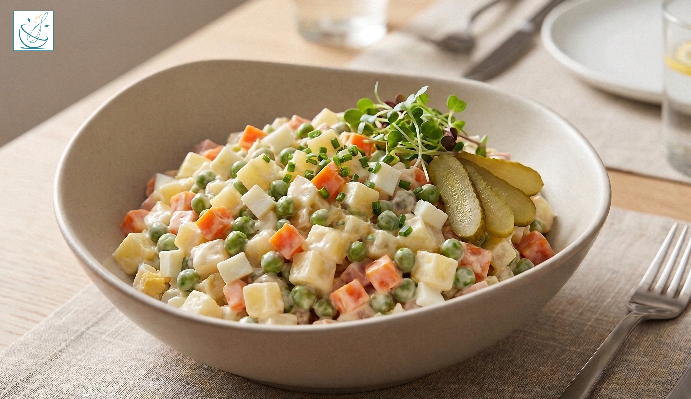 Un bol plin cu salată franțuzească cremoasă, preparată din legume fierte tăiate cubulețe, decorat cu arpagic tocat fin, microplante și felii de castravete murat, așezat pe o masă elegantă.