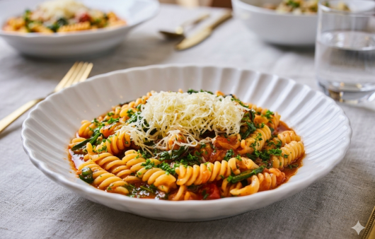 O farfurie albă cu margini ondulate conținând paste fusilli cu sos de roșii, frunze de spanac și un strat generos de cașcaval ras, așezată pe o față de masă gri lângă un pahar cu apă.