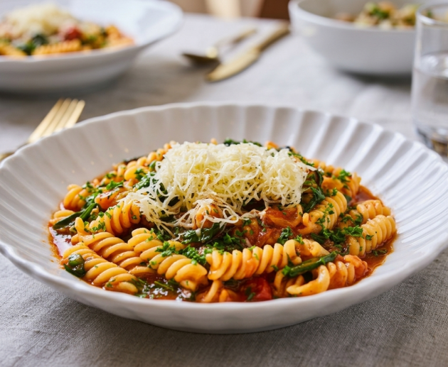 O farfurie albă cu margini ondulate conținând paste fusilli cu sos de roșii, frunze de spanac și un strat generos de cașcaval ras, așezată pe o față de masă gri lângă un pahar cu apă.