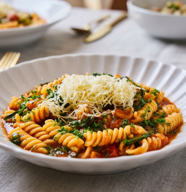 O farfurie albă cu margini ondulate conținând paste fusilli cu sos de roșii, frunze de spanac și un strat generos de cașcaval ras, așezată pe o față de masă gri lângă un pahar cu apă.