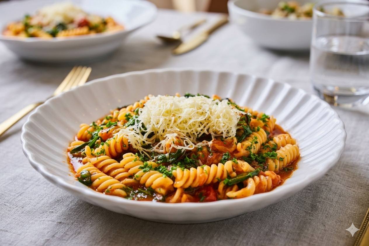 O farfurie albă cu margini ondulate conținând paste fusilli cu sos de roșii, frunze de spanac și un strat generos de cașcaval ras, așezată pe o față de masă gri lângă un pahar cu apă.