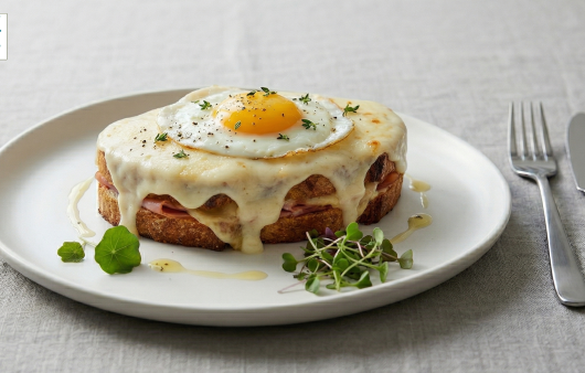 Un sandviș Croque Madame pe o farfurie albă, acoperit cu un strat generos de sos béchamel care curge pe margini, cu un ou prăjit tip ochi în centru, garnisit cu pătrunjel proaspăt tocat mărunt și microplante, alături de tacâmuri argintii, pe o față de masă din in gri.