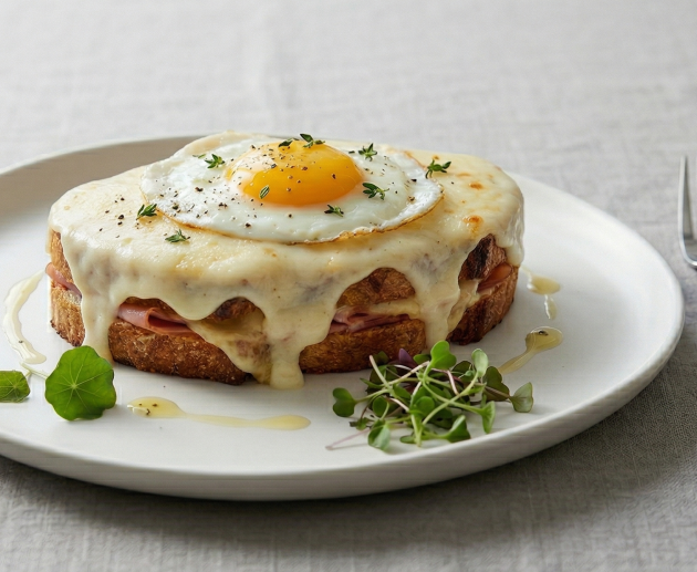 Un sandviș Croque Madame pe o farfurie albă, acoperit cu un strat generos de sos béchamel care curge pe margini, cu un ou prăjit tip ochi în centru, garnisit cu pătrunjel proaspăt tocat mărunt și microplante, alături de tacâmuri argintii, pe o față de masă din in gri.