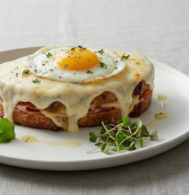 Un sandviș Croque Madame pe o farfurie albă, acoperit cu un strat generos de sos béchamel care curge pe margini, cu un ou prăjit tip ochi în centru, garnisit cu pătrunjel proaspăt tocat mărunt și microplante, alături de tacâmuri argintii, pe o față de masă din in gri.