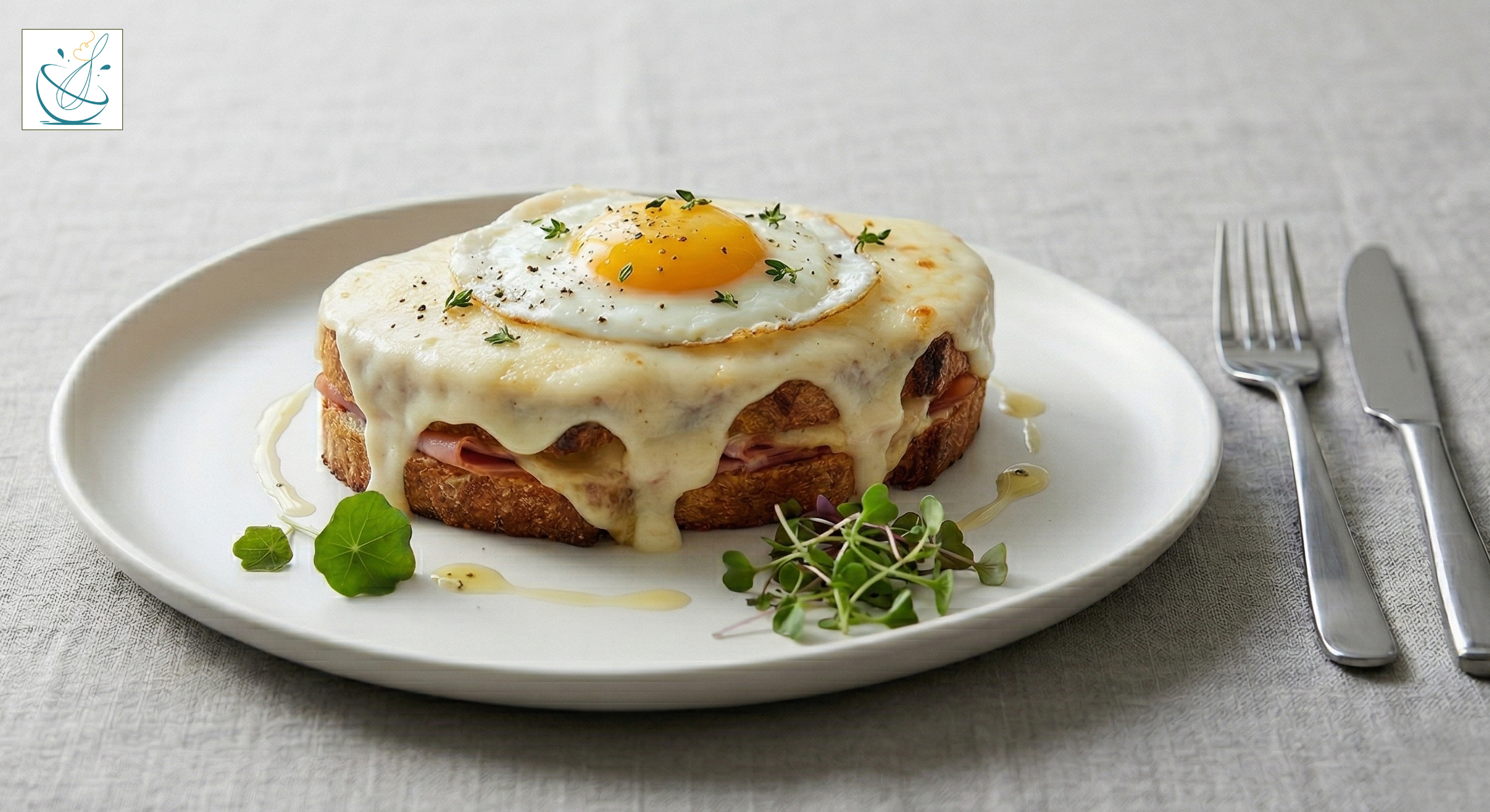 Un sandviș Croque Madame pe o farfurie albă, acoperit cu un strat generos de sos béchamel care curge pe margini, cu un ou prăjit tip ochi în centru, garnisit cu pătrunjel proaspăt tocat mărunt și microplante, alături de tacâmuri argintii, pe o față de masă din in gri.
