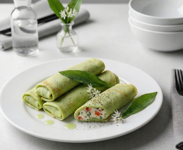 O farfurie albă cu patru clătite verzi rulate, dintre care una secționată arătând o umplutură cremoasă cu ardei, decorate cu frunze și flori proaspete de leurdă, alături de tacâmuri negre pe un fundal gri deschis.