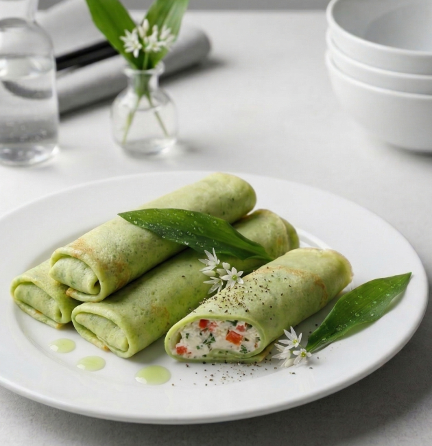 O farfurie albă cu patru clătite verzi rulate, dintre care una secționată arătând o umplutură cremoasă cu ardei, decorate cu frunze și flori proaspete de leurdă, alături de tacâmuri negre pe un fundal gri deschis.