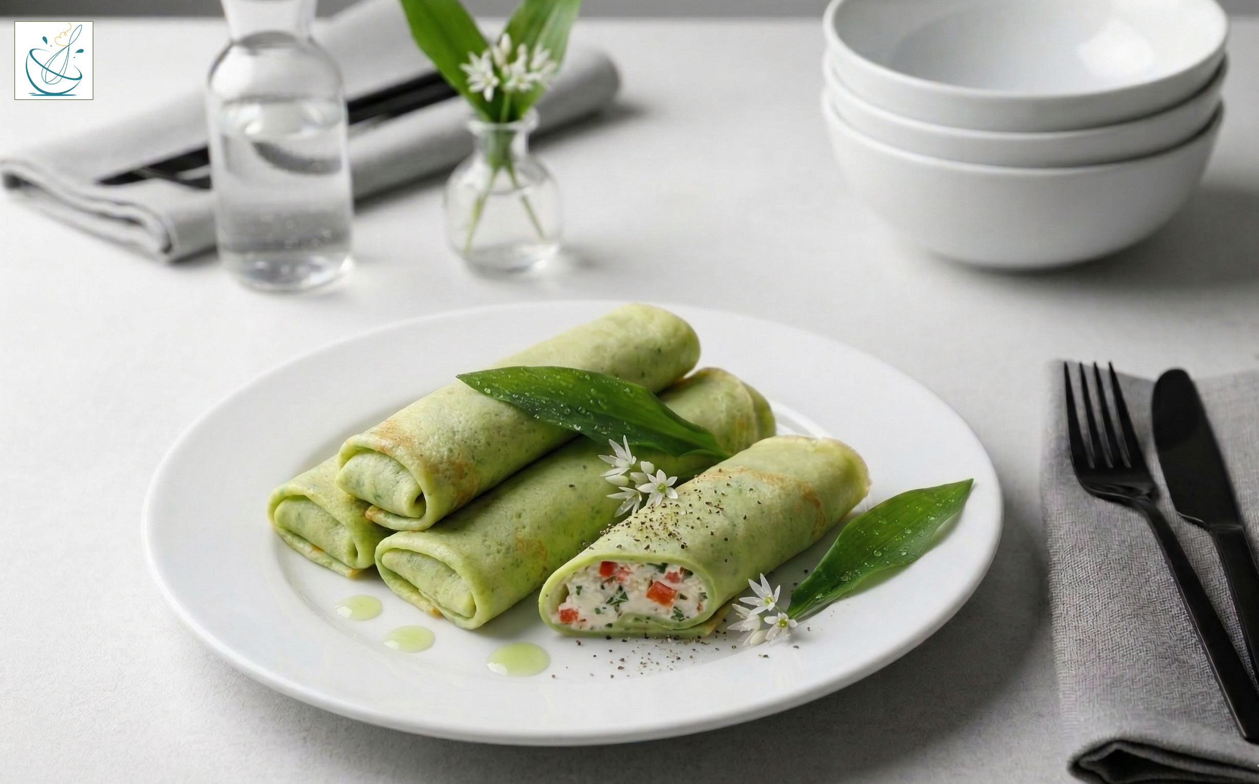 O farfurie albă cu patru clătite verzi rulate, dintre care una secționată arătând o umplutură cremoasă cu ardei, decorate cu frunze și flori proaspete de leurdă, alături de tacâmuri negre pe un fundal gri deschis.