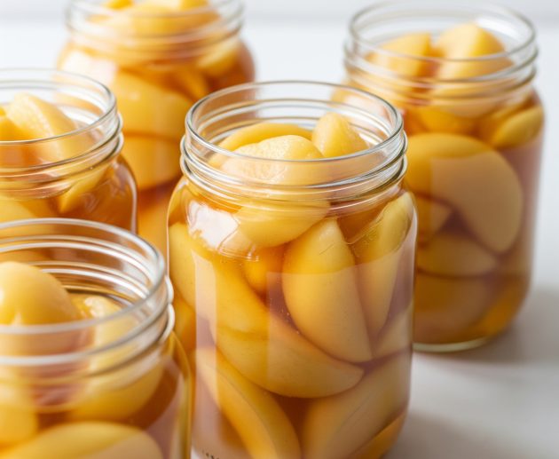 Cinci borcane de sticlă transparentă, pline cu felii mari de mere curățate de coajă într-un sirop auriu translucid, așezate pe o suprafață albă curată într-o bucătărie luminoasă.