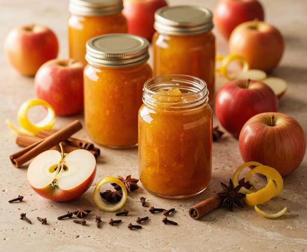 Mai multe borcane cu gem de mere auriu, înconjurate de mere roșii proaspete, batoane de scorțișoară, anason stelat și spirale de coajă de lămâie, așezate pe un blat de piatră bej.