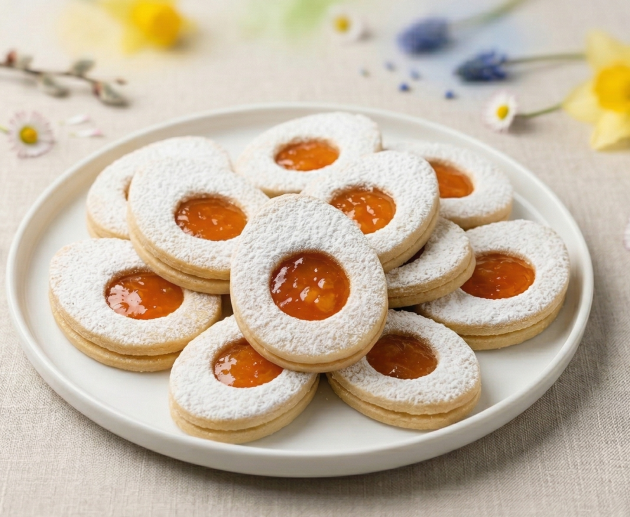 O farfurie albă cu prăjituri Linzer sub formă de ouă de Paște, umplute cu gem portocaliu și pudrate generos cu zahăr, înconjurate de flori proaspete de primăvară pe o față de masă din in.