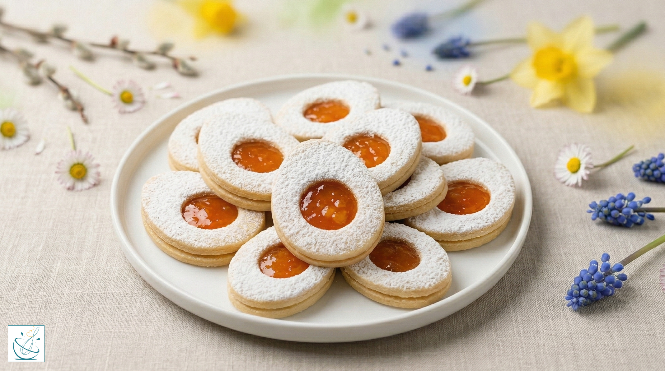 O farfurie albă cu prăjituri Linzer sub formă de ouă de Paște, umplute cu gem portocaliu și pudrate generos cu zahăr, înconjurate de flori proaspete de primăvară pe o față de masă din in.