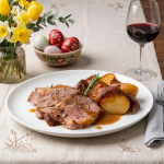 O farfurie albă cu felii suculente de pulpă de miel la cuptor, cartofi rumeniți și sos brun, alături de un pahar de vin roșu, ouă vopsite și flori de primăvară pe o masă festivă de Paște.