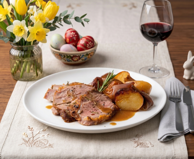 O farfurie albă cu felii suculente de pulpă de miel la cuptor, cartofi rumeniți și sos brun, alături de un pahar de vin roșu, ouă vopsite și flori de primăvară pe o masă festivă de Paște.