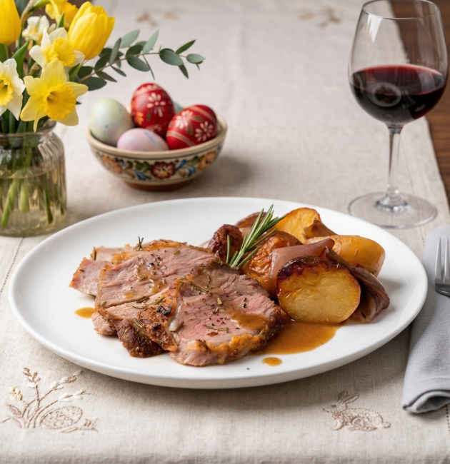 O farfurie albă cu felii suculente de pulpă de miel la cuptor, cartofi rumeniți și sos brun, alături de un pahar de vin roșu, ouă vopsite și flori de primăvară pe o masă festivă de Paște.