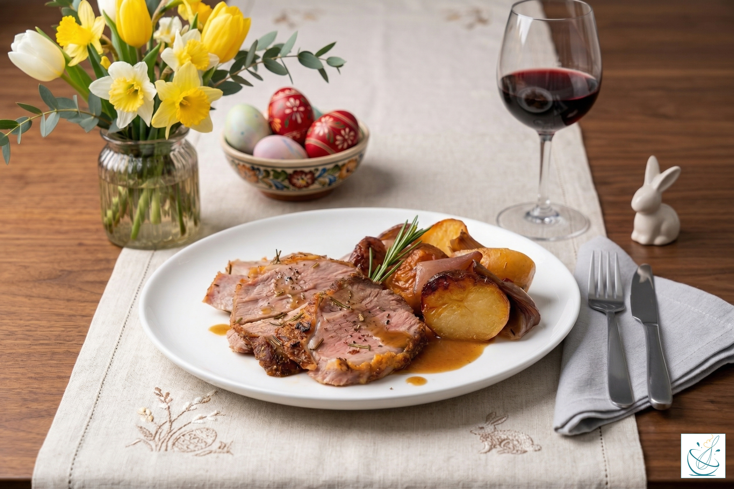 O farfurie albă cu felii suculente de pulpă de miel la cuptor, cartofi rumeniți și sos brun, alături de un pahar de vin roșu, ouă vopsite și flori de primăvară pe o masă festivă de Paște.