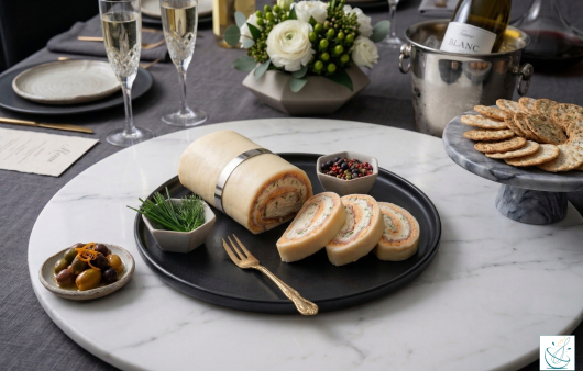 Un platou negru elegant cu o ruladă de brânză umplută cu șuncă și verdețuri, feliată parțial, așezată pe un platou de marmură albă, într-un decor festiv cu pahare de șampanie, flori și biscuiți sărați.