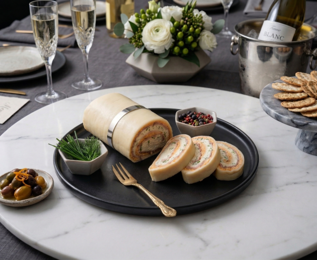 Un platou negru elegant cu o ruladă de brânză umplută cu șuncă și verdețuri, feliată parțial, așezată pe un platou de marmură albă, într-un decor festiv cu pahare de șampanie, flori și biscuiți sărați.
