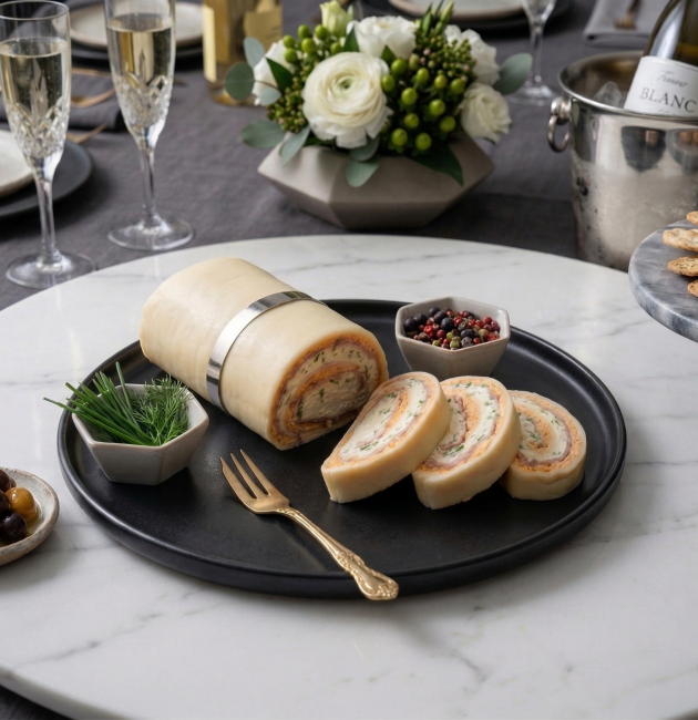 Un platou negru elegant cu o ruladă de brânză umplută cu șuncă și verdețuri, feliată parțial, așezată pe un platou de marmură albă, într-un decor festiv cu pahare de șampanie, flori și biscuiți sărați.