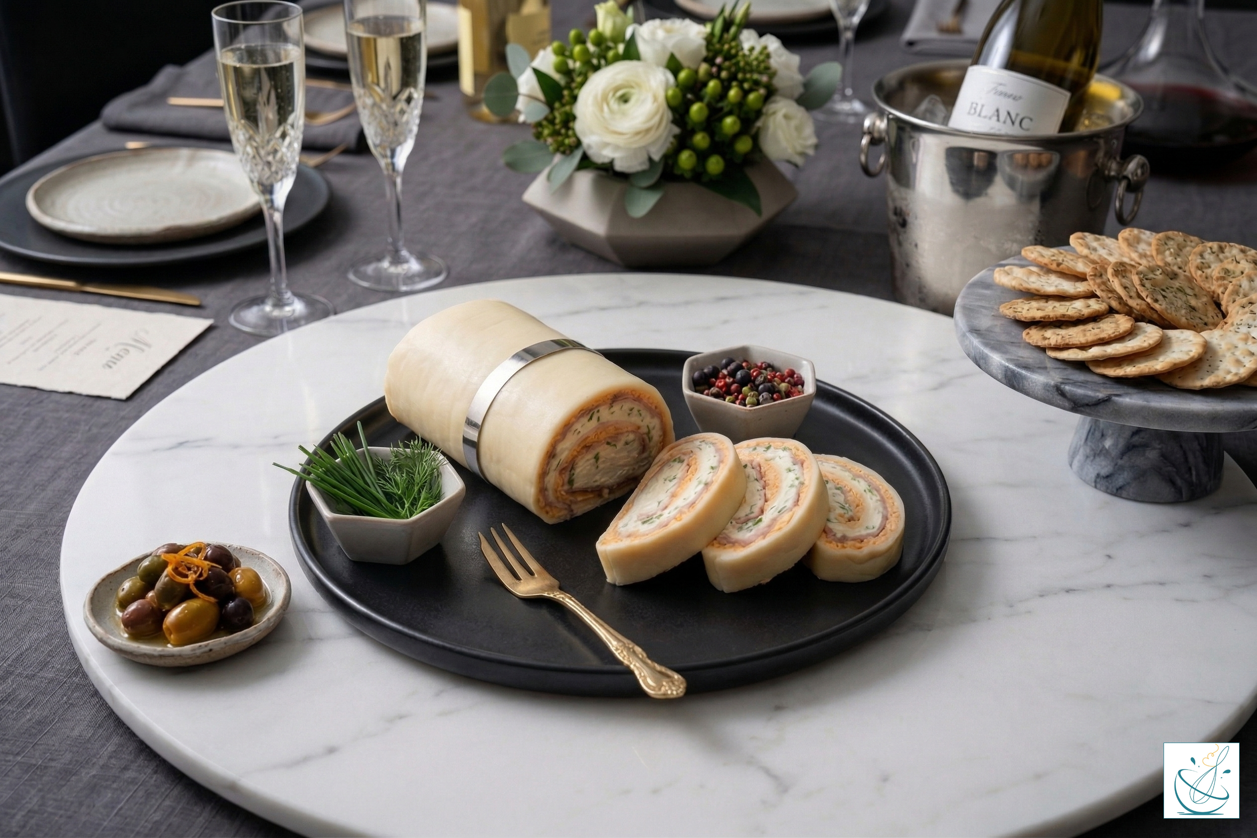 Un platou negru elegant cu o ruladă de brânză umplută cu șuncă și verdețuri, feliată parțial, așezată pe un platou de marmură albă, într-un decor festiv cu pahare de șampanie, flori și biscuiți sărați.