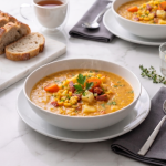 Un bol alb plin cu supă fierbinte și consistentă de mazăre galbenă, bogată în bucăți de morcov, țelină și carne afumată, decorată cu pătrunjel, pe o masă de marmură albă cu felii de pâine alături.