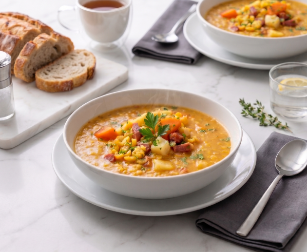 Un bol alb plin cu supă fierbinte și consistentă de mazăre galbenă, bogată în bucăți de morcov, țelină și carne afumată, decorată cu pătrunjel, pe o masă de marmură albă cu felii de pâine alături.