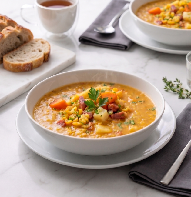 Un bol alb plin cu supă fierbinte și consistentă de mazăre galbenă, bogată în bucăți de morcov, țelină și carne afumată, decorată cu pătrunjel, pe o masă de marmură albă cu felii de pâine alături.