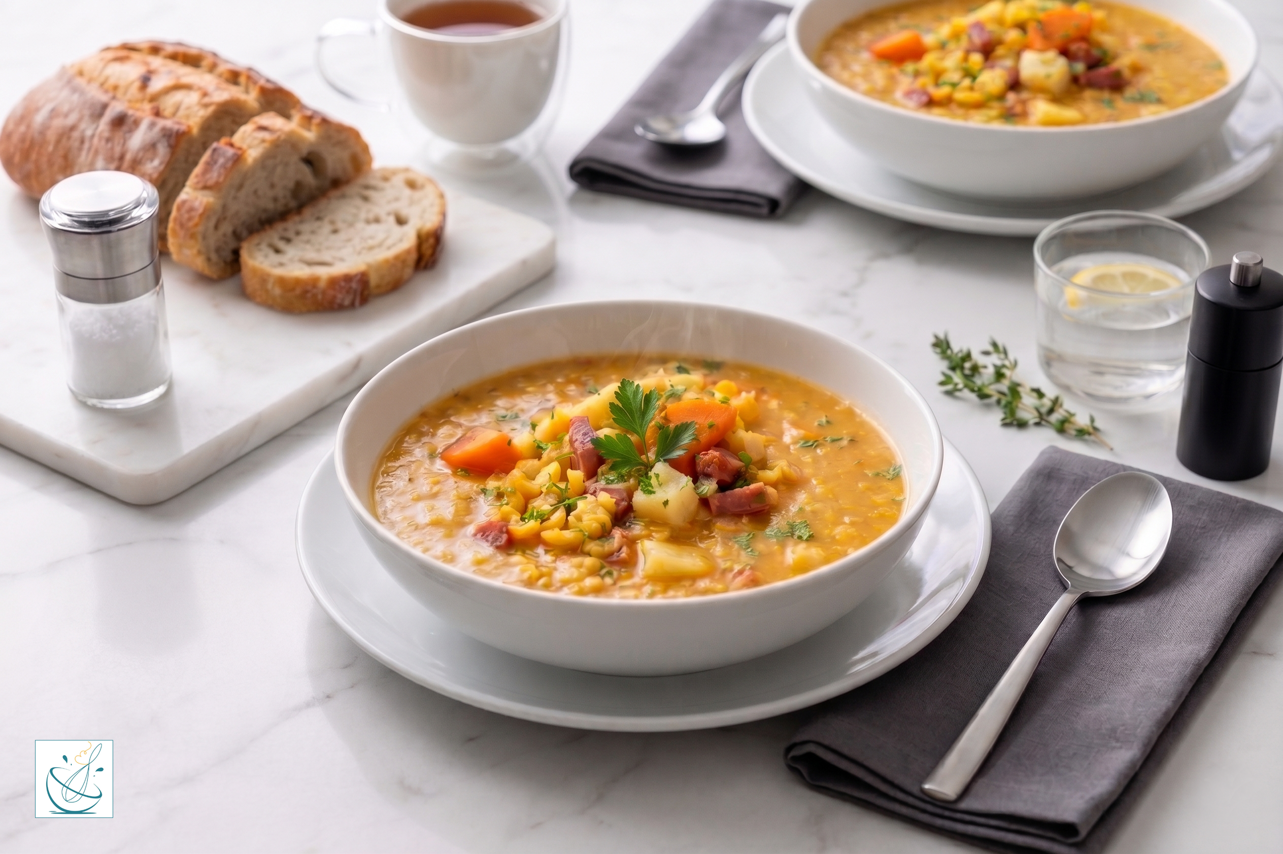 Un bol alb plin cu supă fierbinte și consistentă de mazăre galbenă, bogată în bucăți de morcov, țelină și carne afumată, decorată cu pătrunjel, pe o masă de marmură albă cu felii de pâine alături.