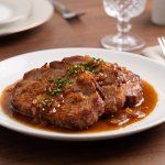 O farfurie albă din porțelan cu ceafă de porc la cuptor, acoperită cu ceapă caramelizată și sos de bere brună, garnisit cu arpagic verde tocat, așezată pe o masă de lemn alături de o furculiță și un pahar de cristal.