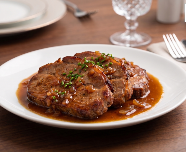 O farfurie albă din porțelan cu ceafă de porc la cuptor, acoperită cu ceapă caramelizată și sos de bere brună, garnisit cu arpagic verde tocat, așezată pe o masă de lemn alături de o furculiță și un pahar de cristal.