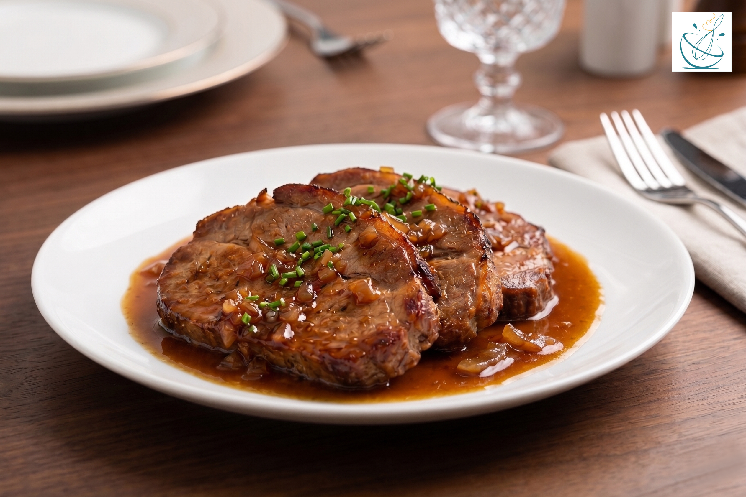 O farfurie albă din porțelan cu ceafă de porc la cuptor, acoperită cu ceapă caramelizată și sos de bere brună, garnisit cu arpagic verde tocat, așezată pe o masă de lemn alături de o furculiță și un pahar de cristal.