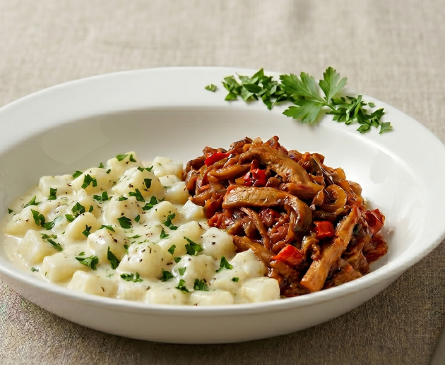 O farfurie albă adâncă ce conține două preparate distincte: în stânga, cubulețe de gulii într-un sos alb cremos cu pătrunjel, iar în dreapta, o tocăniță de ciuperci Pleurotus bine rumenită, servite cu tacâmuri pe o masă texturată.