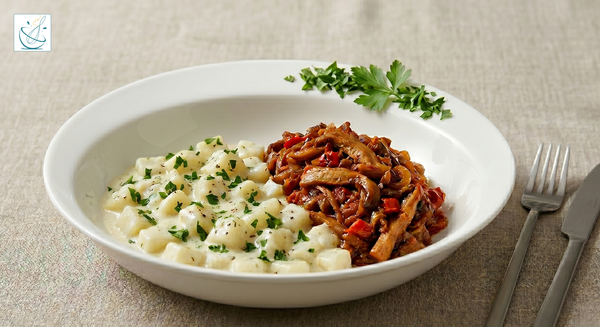 O farfurie albă adâncă ce conține două preparate distincte: în stânga, cubulețe de gulii într-un sos alb cremos cu pătrunjel, iar în dreapta, o tocăniță de ciuperci Pleurotus bine rumenită, servite cu tacâmuri pe o masă texturată.