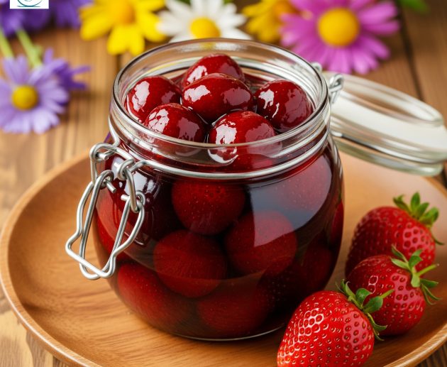 Un borcan de sticlă cu închidere ermetică, plin cu dulceață de căpșuni întregi, lucioase, așezat pe un platou rotund din lemn, decorat cu flori colorate în fundal.
