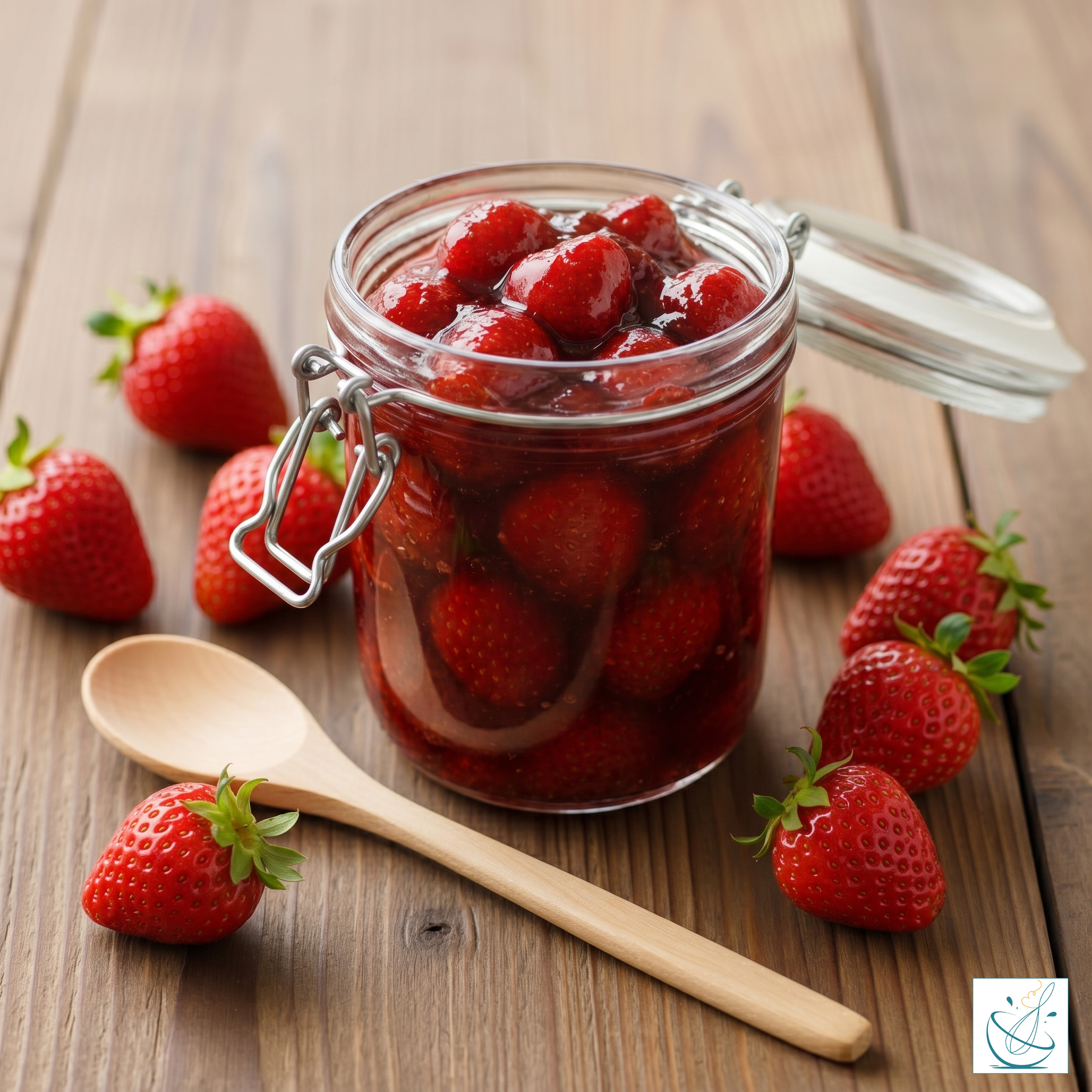 Un borcan de sticlă deschis, plin cu dulceață de căpșuni întregi, înconjurat de fructe proaspete și o lingură de lemn, așezate pe o masă de lemn cu aspect rustic.