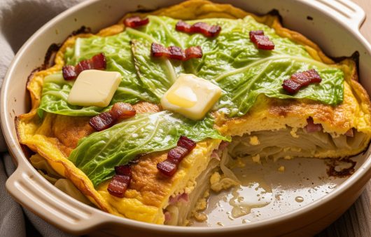 O omletă coaptă într-un vas rotund din ceramică, din care lipsește o porție, decorată la suprafață cu frunze mari de varză, bucăți de carne afumată și cuburi de unt care se topesc.