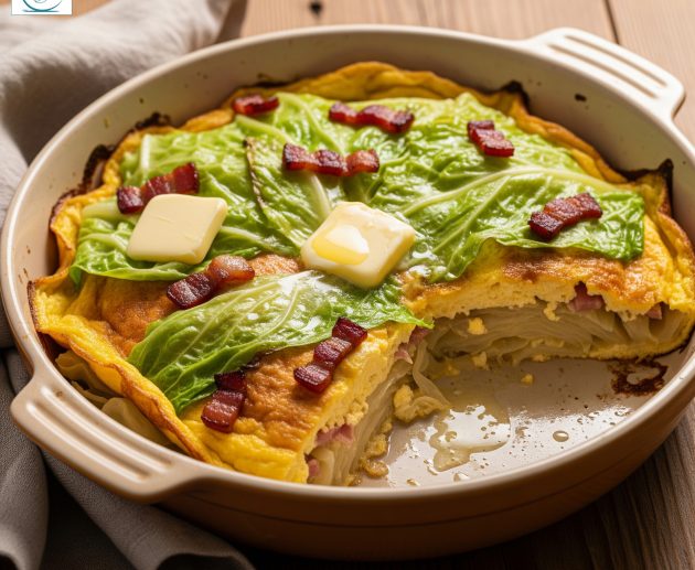 O omletă coaptă într-un vas rotund din ceramică, din care lipsește o porție, decorată la suprafață cu frunze mari de varză, bucăți de carne afumată și cuburi de unt care se topesc.