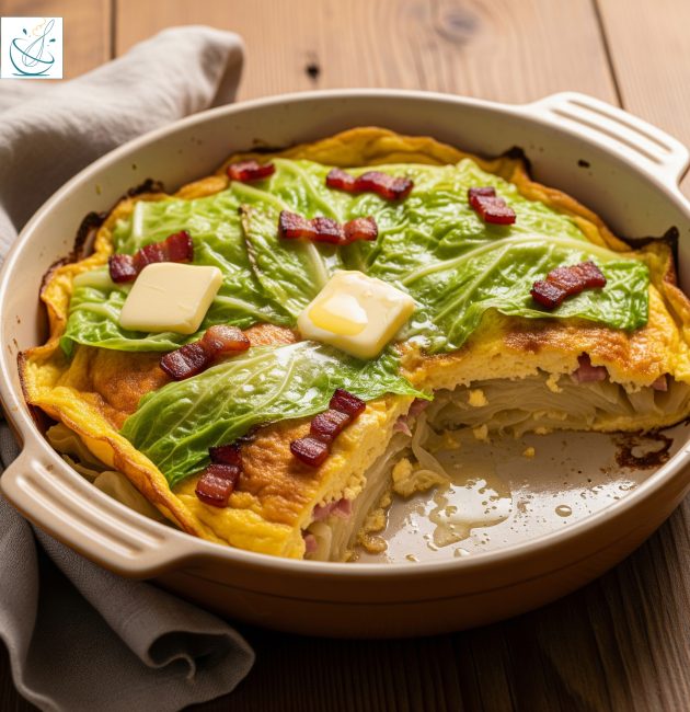 O omletă coaptă într-un vas rotund din ceramică, din care lipsește o porție, decorată la suprafață cu frunze mari de varză, bucăți de carne afumată și cuburi de unt care se topesc.