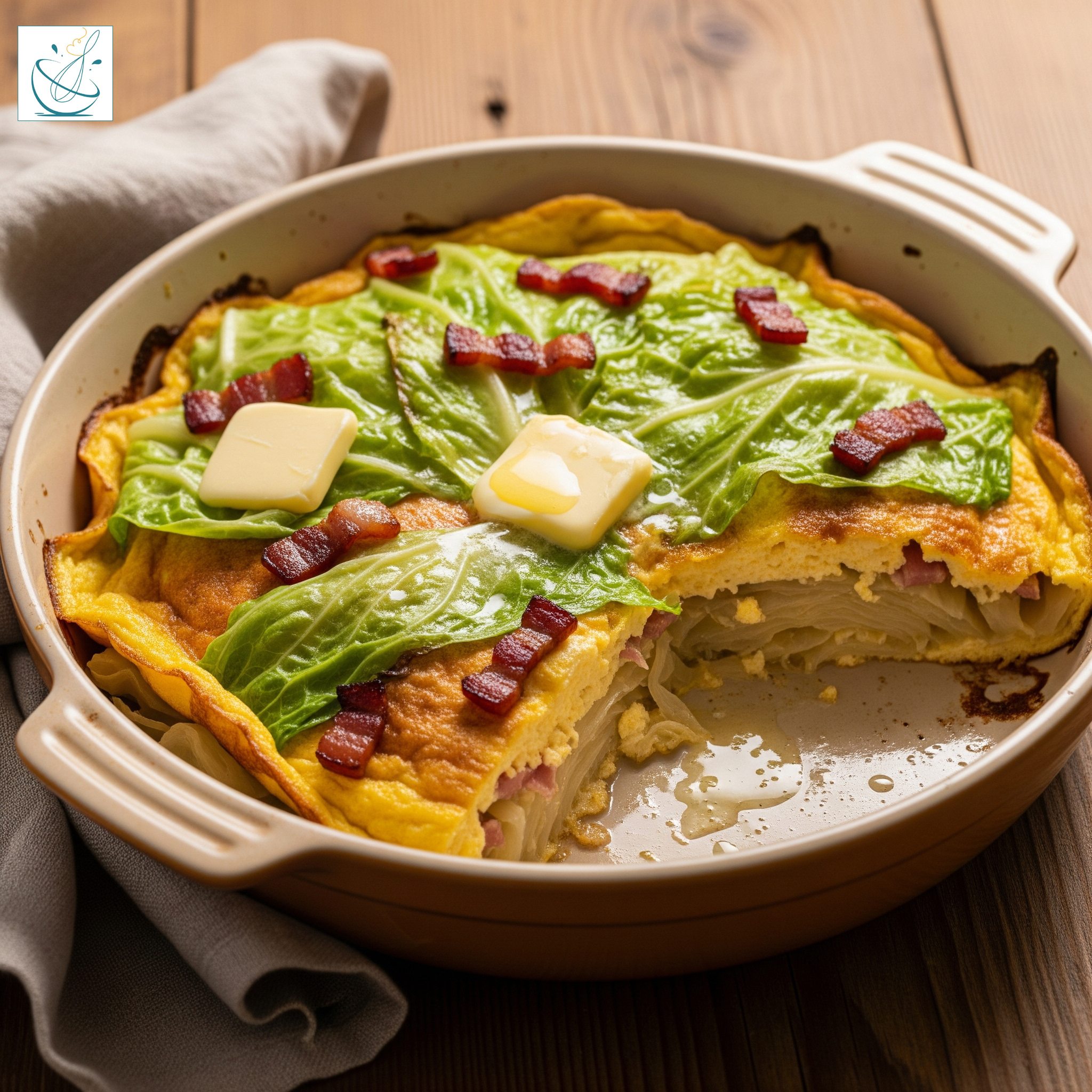 O omletă coaptă într-un vas rotund din ceramică, din care lipsește o porție, decorată la suprafață cu frunze mari de varză, bucăți de carne afumată și cuburi de unt care se topesc.