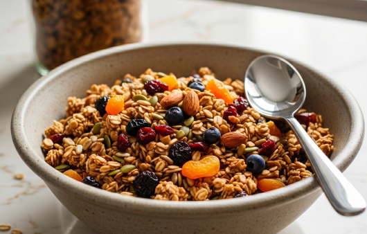 Un bol din ceramică plin cu granola de casă, migdale, semințe și fructe uscate, alături de o lingură metalică, așezat pe un blat de marmură albă, având pe fundal un borcan cu aceeași compoziție.