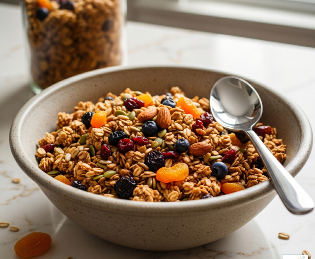 Un bol din ceramică plin cu granola de casă, migdale, semințe și fructe uscate, alături de o lingură metalică, așezat pe un blat de marmură albă, având pe fundal un borcan cu aceeași compoziție.