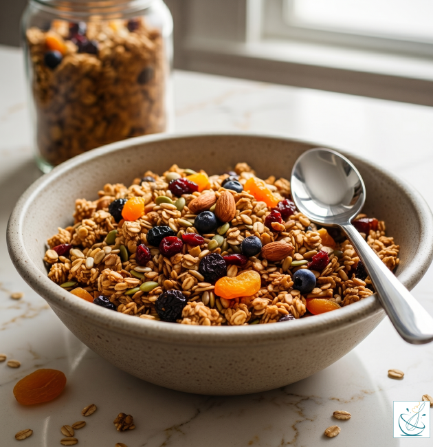 Un bol din ceramică plin cu granola de casă, migdale, semințe și fructe uscate, alături de o lingură metalică, așezat pe un blat de marmură albă, având pe fundal un borcan cu aceeași compoziție.