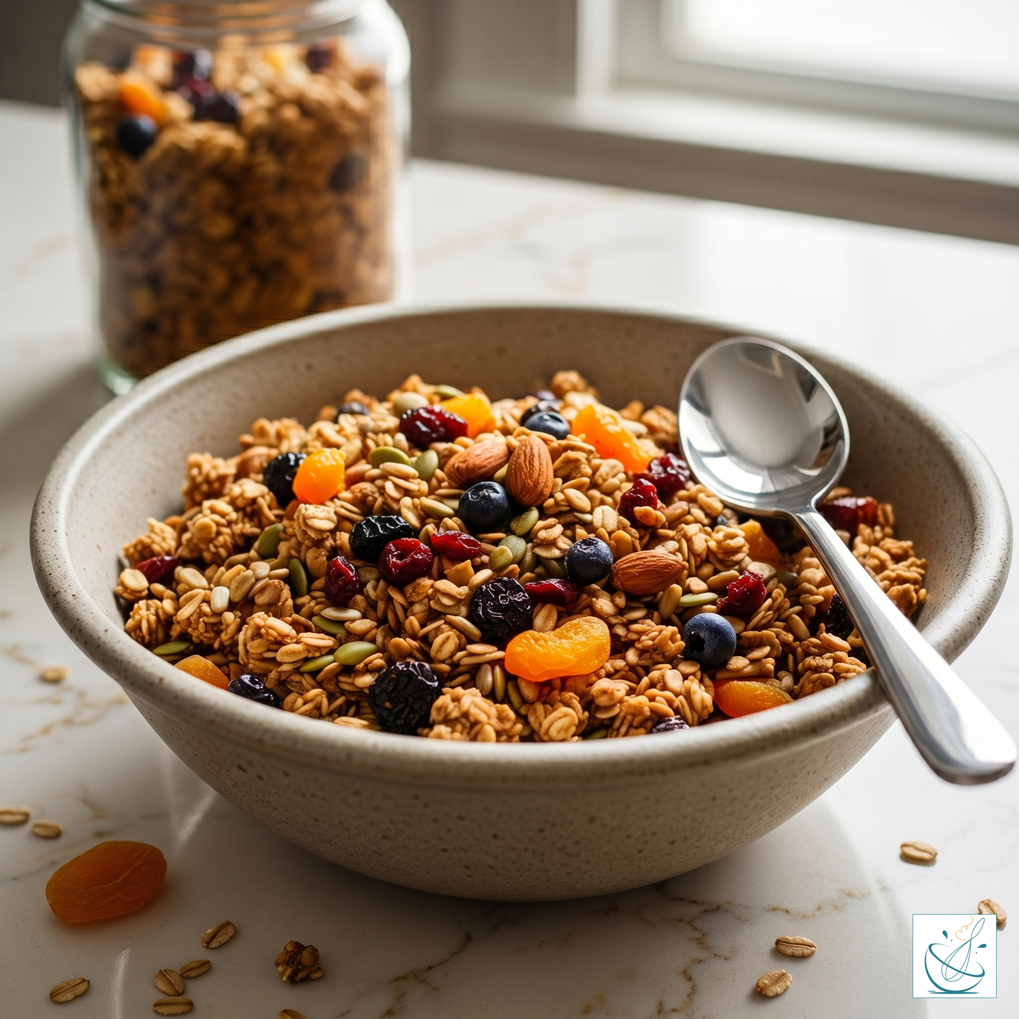 Un bol din ceramică plin cu granola de casă, migdale, semințe și fructe uscate, alături de o lingură metalică, așezat pe un blat de marmură albă, având pe fundal un borcan cu aceeași compoziție.