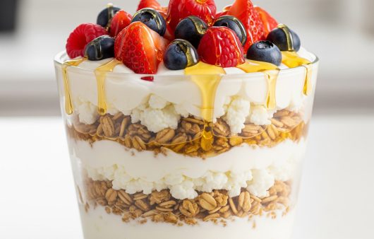 Un pahar transparent umplut cu straturi alternative de iaurt fin, brânză de vaci granulată și granola, decorat la vârf cu căpșuni, zmeură, afine și un fir de miere proaspăt turnată.