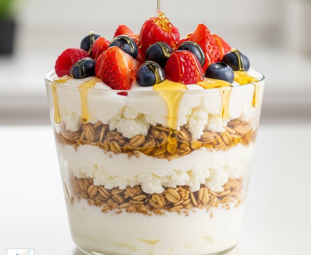 Un pahar transparent umplut cu straturi alternative de iaurt fin, brânză de vaci granulată și granola, decorat la vârf cu căpșuni, zmeură, afine și un fir de miere proaspăt turnată.