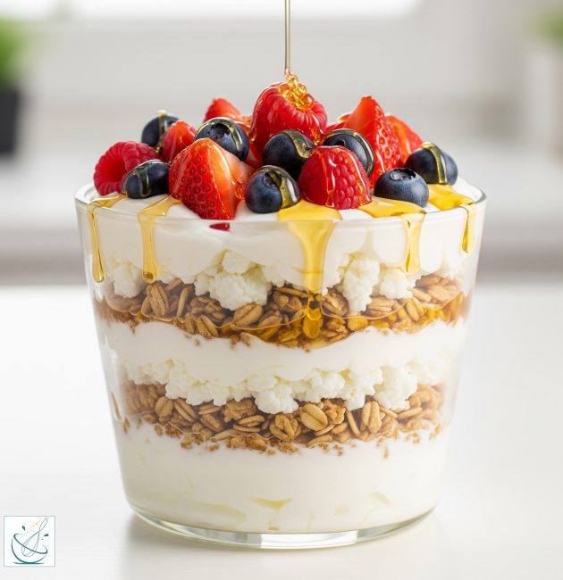Un pahar transparent umplut cu straturi alternative de iaurt fin, brânză de vaci granulată și granola, decorat la vârf cu căpșuni, zmeură, afine și un fir de miere proaspăt turnată.