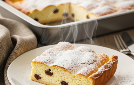 O felie fierbinte de plăcintă cu brânză dulce și stafide, pudrată din abundență cu zahăr, așezată pe o farfurie albă, având tava cu restul prăjiturii pe fundal.