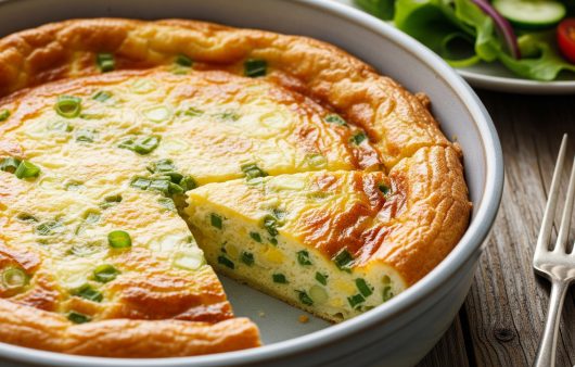 O tavă rotundă din ceramică gri conținând un quiche rumenit cu ceapă verde, din care s-a tăiat o felie, așezată pe o masă din lemn alături de o salată proaspătă și două furculițe.