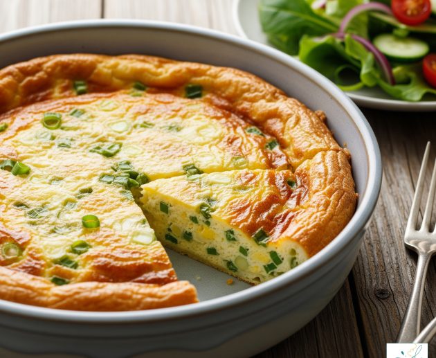O tavă rotundă din ceramică gri conținând un quiche rumenit cu ceapă verde, din care s-a tăiat o felie, așezată pe o masă din lemn alături de o salată proaspătă și două furculițe.