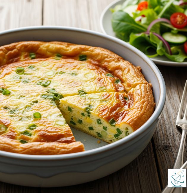O tavă rotundă din ceramică gri conținând un quiche rumenit cu ceapă verde, din care s-a tăiat o felie, așezată pe o masă din lemn alături de o salată proaspătă și două furculițe.